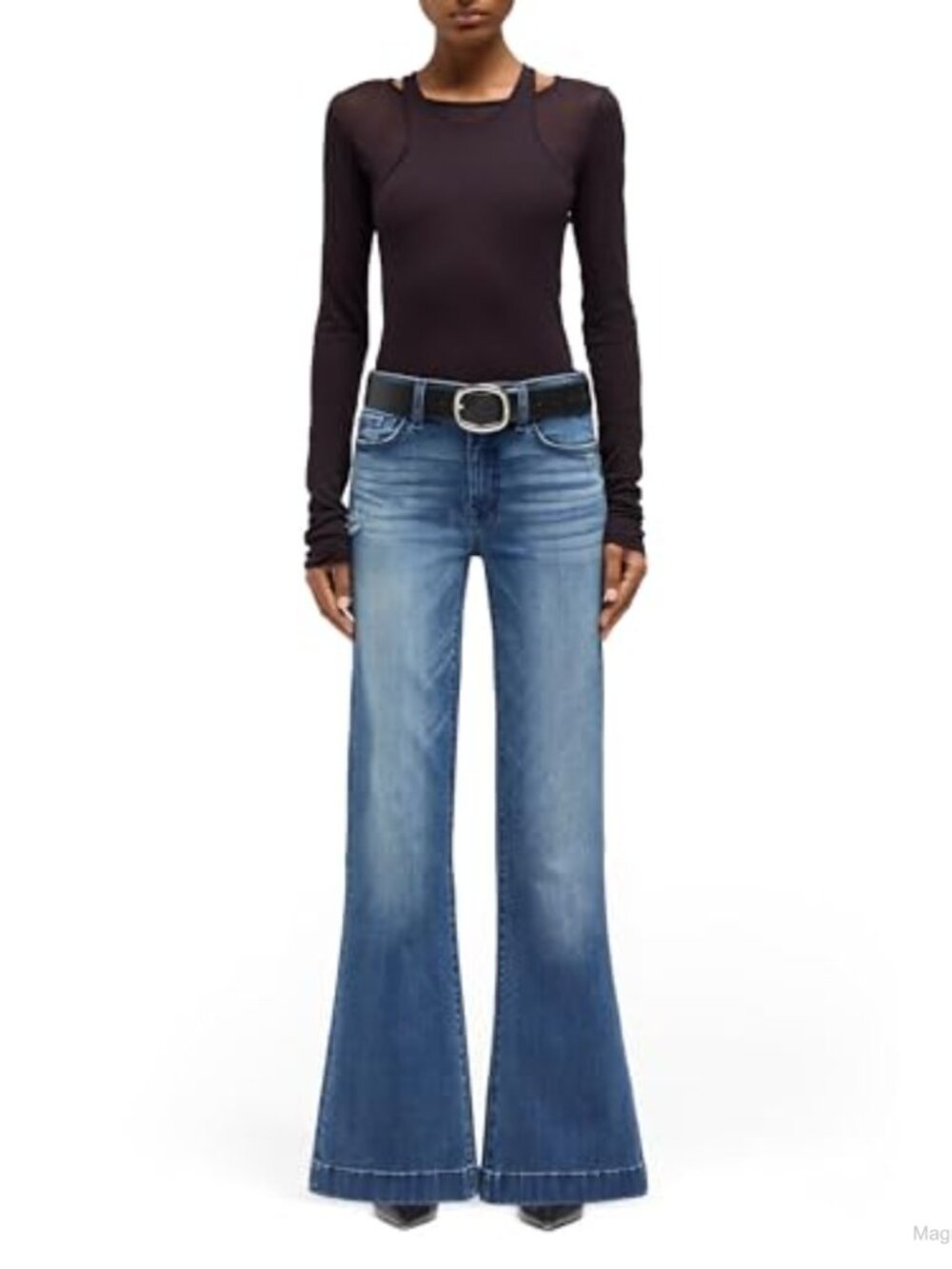 Mid Rise Flare Jeans Trouser Hem Stretch Cotton Blend - Picture 4 of 5
